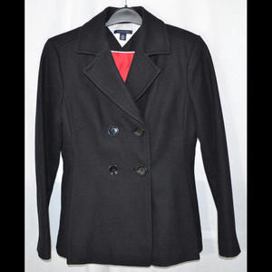 Tommy Hilfiger Double Breasted Peacoat Black Pleated Wool Blend Women's M